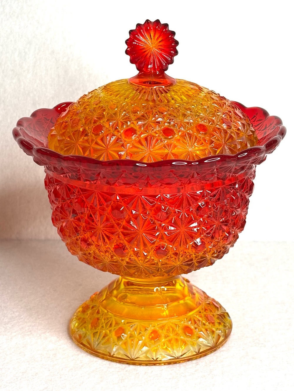 Vintage L G Wright Amberina Compote & Lid